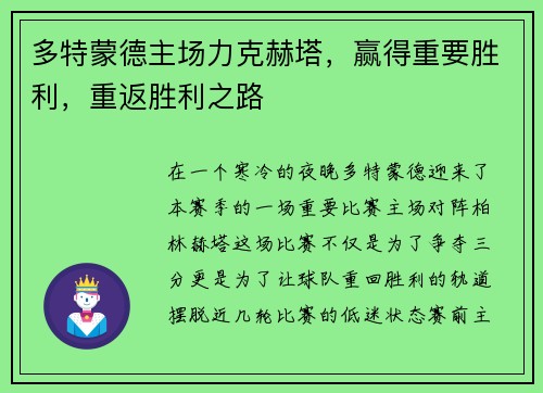 多特蒙德主场力克赫塔，赢得重要胜利，重返胜利之路