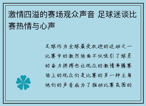激情四溢的赛场观众声音 足球迷谈比赛热情与心声