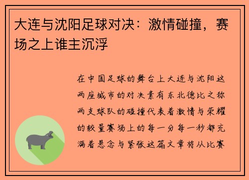 大连与沈阳足球对决：激情碰撞，赛场之上谁主沉浮