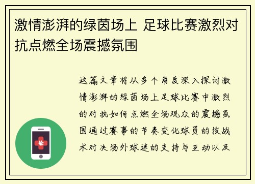 激情澎湃的绿茵场上 足球比赛激烈对抗点燃全场震撼氛围