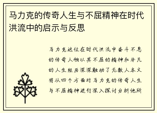 马力克的传奇人生与不屈精神在时代洪流中的启示与反思