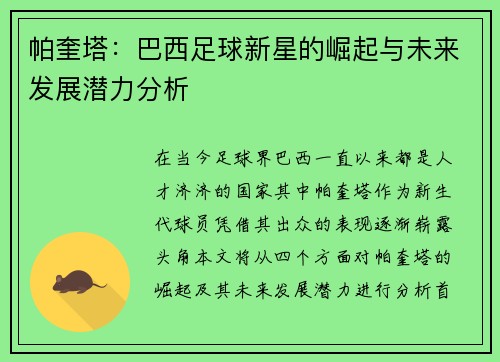 帕奎塔：巴西足球新星的崛起与未来发展潜力分析