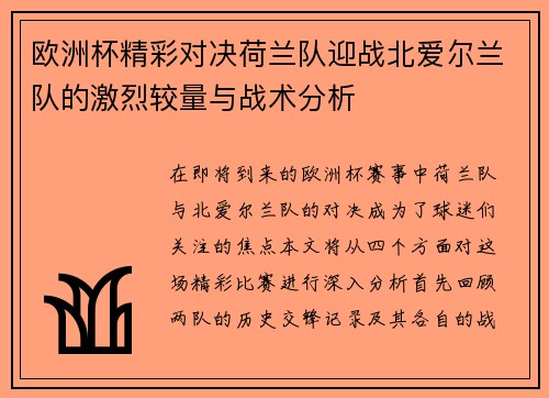 欧洲杯精彩对决荷兰队迎战北爱尔兰队的激烈较量与战术分析