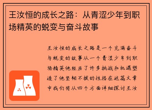 王汝恒的成长之路：从青涩少年到职场精英的蜕变与奋斗故事