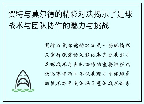 贺特与莫尔德的精彩对决揭示了足球战术与团队协作的魅力与挑战