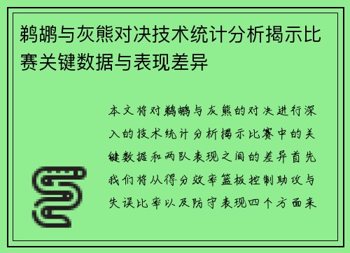 鹈鹕与灰熊对决技术统计分析揭示比赛关键数据与表现差异
