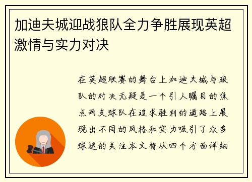 加迪夫城迎战狼队全力争胜展现英超激情与实力对决
