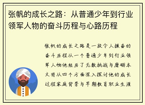 张帆的成长之路：从普通少年到行业领军人物的奋斗历程与心路历程