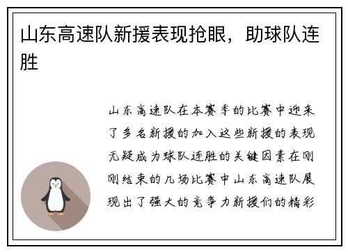 山东高速队新援表现抢眼，助球队连胜