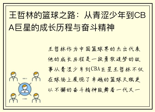 王哲林的篮球之路：从青涩少年到CBA巨星的成长历程与奋斗精神