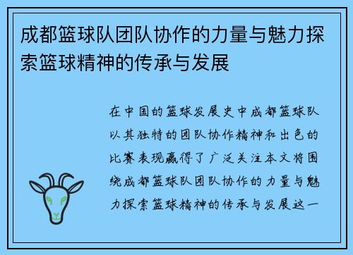 成都篮球队团队协作的力量与魅力探索篮球精神的传承与发展